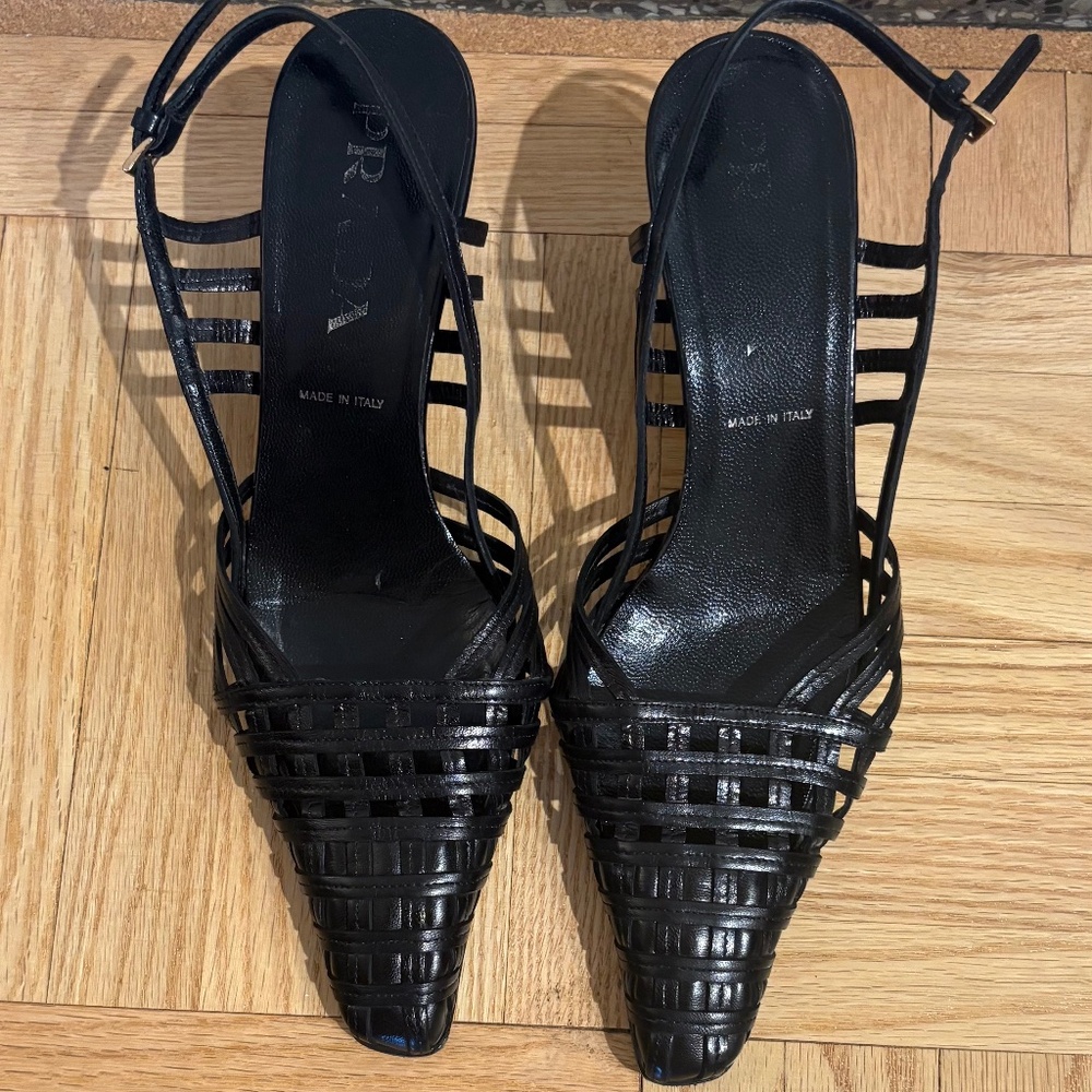 PRADA WOVEN BLACK SLING BACK HEELS